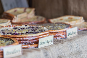 Blueberry pie called Frgál on the counter on sale