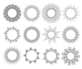 Vector Set of Black Sunbursts For Your Design. Set Of Vintage Light Rays. Hand-Drawn Design Elements.