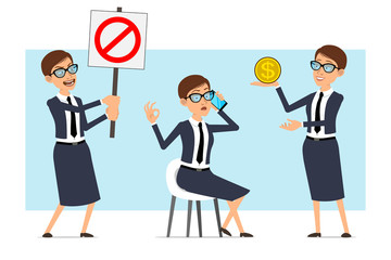 Cartoon flat funny business coach woman character in blue suit and glasses. Ready for animation. Girl holding no entry and dollar sign, talking on phone. Isolated on blue background. Vector set.
