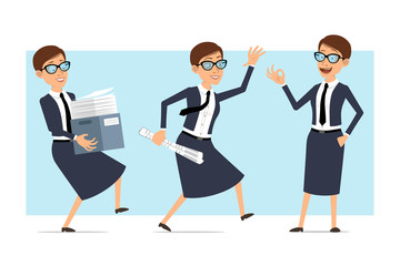 Cartoon flat funny business coach woman character in blue suit and glasses. Ready for animation. Girl carrying paper box, newspaper and showing okay gesture. Isolated on blue background. Vector set.