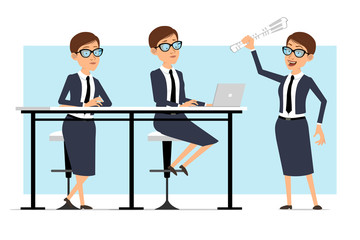 Fototapeta na wymiar Cartoon flat funny business coach woman character in blue suit and glasses. Ready for animation. Girl standing, working on laptop and holding newspaper. Isolated on blue background. Vector set.