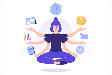 Multitasking and time management concept. Young freelancer woman or business manager doing meditation or practicing mindfulness, doing effective multitasking with many hands. Flat vector illustration 
