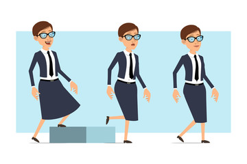 Cartoon flat funny business coach woman character in blue suit and glasses. Ready for animation. Girl walking up to her goal. Isolated on blue background. Vector set.