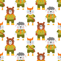 Pattern with baby animals in scout uniform