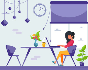 Young woman freelancer working on a laptop at home. Stay home concept. Remote work. Modern interior. Vector illustration in flat style.