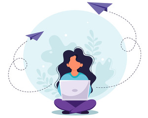 Woman sitting with laptop. Freelance, online studying concept. Remote work concept. Vector illustration in a flat style.