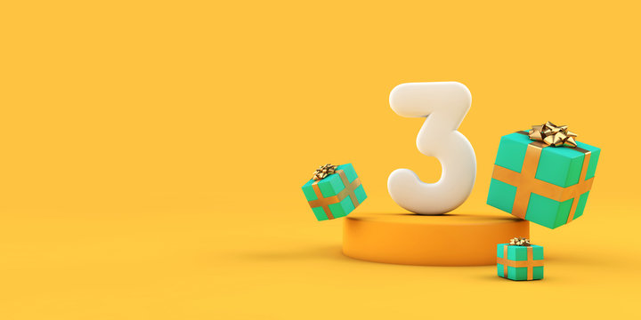 Happy 3rd birthday number and gifts on a yellow podium. 3D Render