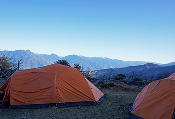 Camping in the mountains while trekking in eastern Bhutan. 