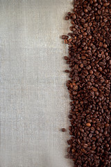 Grain coffee on burlap close up