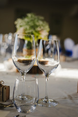 Elegant table arrangement and catering at wedding reception