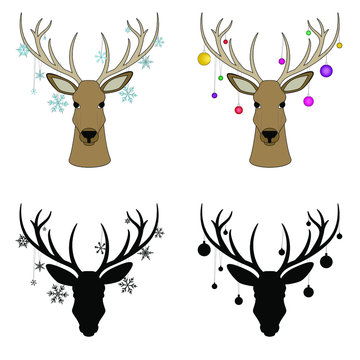 Deer with Christmas toys on the horns. Deer with snowflakes on the horns. Set of deer head silhouettes like christmas tree.