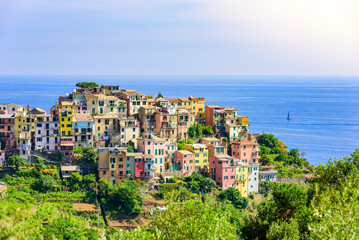 Obraz premium Corniglia - Village of Cinque Terre National Park at Coast of Italy. Province of La Spezia, Liguria, in the north of Italy - Travel destination and attractions in Europe.
