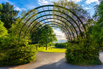Naherholung im Münchner Westpark: Eingang / Tor / Bogen - Saftiges Grün und Wiesen im Abendlicht