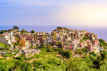 Corniglia - Village of Cinque Terre National Park at Coast of Italy. Province of La Spezia, Liguria, in the north of Italy - Travel destination and attractions in Europe.