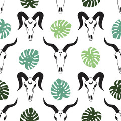 goat skulls with green monstera plant on a white background seamless pattern demon satan vector