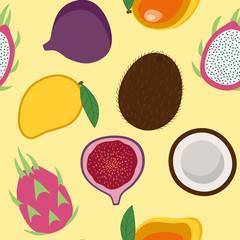 sweet whole coconut, mango, fig fruit and dragon fruit tropical summer exotic fruit pitaya pattern on a yellow background seamless vector