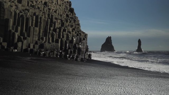 Beautiful rock formation ("reynisfjara") at a black sand beach in Iceland