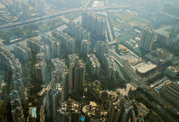 Guangzhou town and Pearl river view from windows of Canton tower