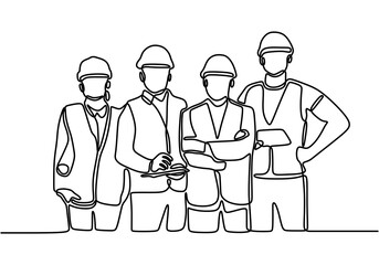 Single line drawing of young construction worker foreman with team builder member. Happy teamwork construction success with project. Continuous line draw design illustration