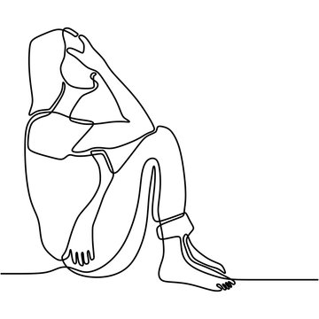 recommend clip art: Continuous line drawing of exhausted sad young woman covering his face by hands. Female suffering from depression. Girl in despair sitting on the ground. Frustration and depression person concept.