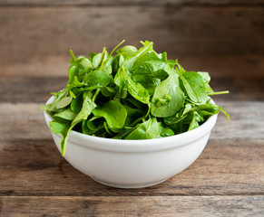 Fresh, ripe arugula in a ceramic white mask on a wooden kitchen table.