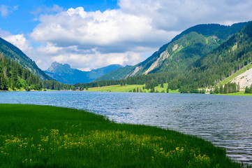 Naklejka na ściany i meble Vilsalpsee (Vilsalp Lake) at Tannheimer Tal, beautiful mountain scenery in Alps of Austria