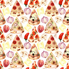 Watercolor seamless pattern with different types of fresh pizza
