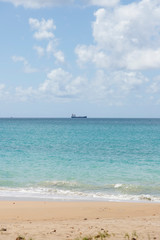 Fototapeta na wymiar Beautiful day at the beach in focus in the far off distance there is a cargo vessel