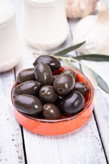 Pickled olives ready to eat, healthy food used in mediterranean cuisines