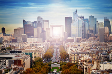 View of la Defense Paris city district panorama from arc de Triumph