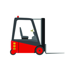 red forklift with forks lowered, warning light visible