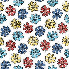 Beautiful multi-colored cartoon flowers isolated on white background. Bright floral seamless pattern. Hand drawn vector graphic illustration. Texture.