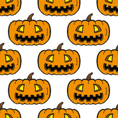 Beautiful cartoon halloween pumpkins isolated on white background. Cute seamless pattern. Hand drawn vector graphic illustration. Texture.