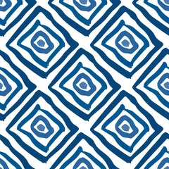 Tapeten Formen Blaue Tintenrauten und Quadrate lokalisiert auf weißem Hintergrund. Geometrisches nahtloses Muster. Handgezeichnete Vektorgrafiken. Textur.