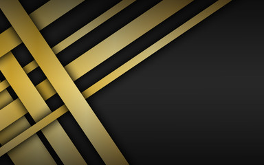 Black geometric material background with gold overlapped stripes. Dark abstract corporate design template with place for your text. Modern vector illustration