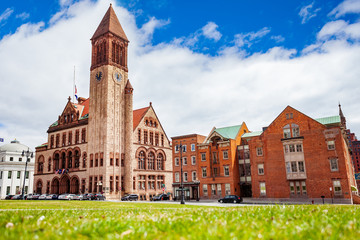 Albany City Hall the seat of government, building view over the lawn, New York, USA