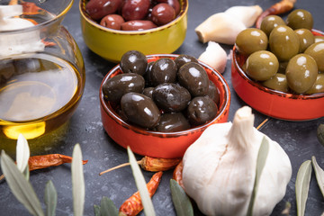 Pickled olives ready to eat, healthy food used in mediterranean cuisines