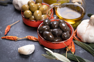 Pickled olives ready to eat, healthy food used in mediterranean cuisines