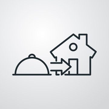 recommend clip art: Servicio entrega de comida a domicilio. Icono plano lineal bandeja de comida con flecha y casa en fondo gris