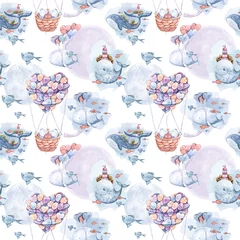 Gordijnen Naadloze patroon met beren en walvissen. Kleurrijke aquarel handgeschilderde clipart op witte achtergrond. Trendy illustratie. Mode moderne stijl. Stof print, inpakpapier, verpakking, textiel. © Tiana_Geo