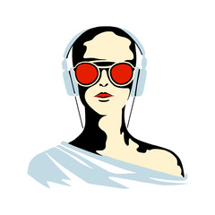 Fototapeta na wymiar Vector graphic illustration of girl, listening music. Beautiful silhouette simple close up face with sunglasses, headphones. minimalistic style, vintage, street art, Hand drawn stylish sketch