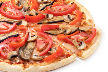Pizza vegetarian with eggplant and tomato mushrooms isolated on white background