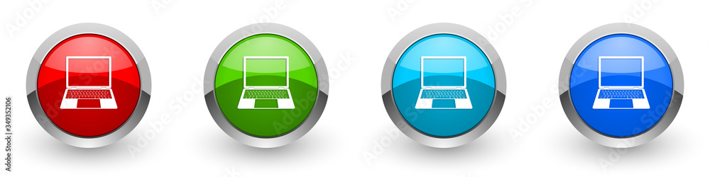 Poster Open notebook silver metallic glossy icons, laptop, mobile computer concept set of modern design buttons for web, internet and mobile applications in four colors options isolated on white background