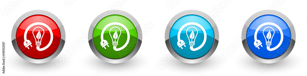 Poster ecology, eco bulb silver metallic glossy icons, renewable energy concept set of modern design button
