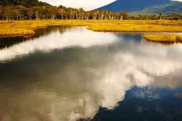 autumn landscape with pond reflection and mountains