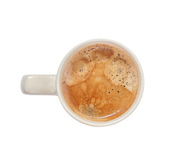 top view of a mug of freshly brewed aromatic coffee isolated on white