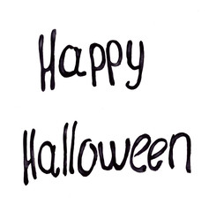 Watercolor illustration. Words - Happy Halloween. Caligraphic black is a white inscription. Lettering