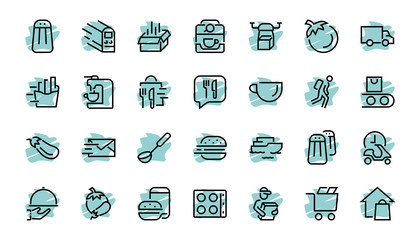 PIZZA DELIVERY, and Food Icon Set Vector thin line, contains courier, home delivery, food ordering, fast transport, drone, ship, car, editable stroke. ICONS circuits