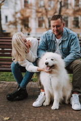 Young people having rest on bench, taking care of dog