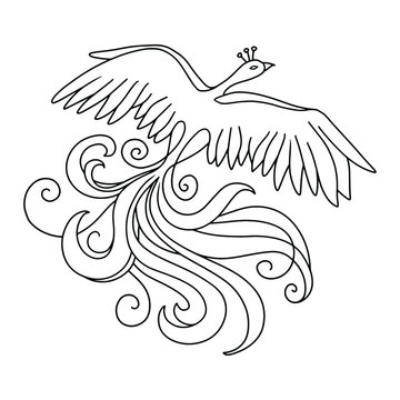 Mythical bird Phoenix (Fire bird). Page of coloring book. Vector illustration.